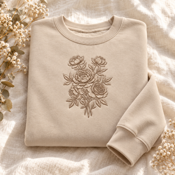 Embroidered Tone On Tone Vintage Flowers Sweatshirt, Botanical Cottagecore Floral Tee