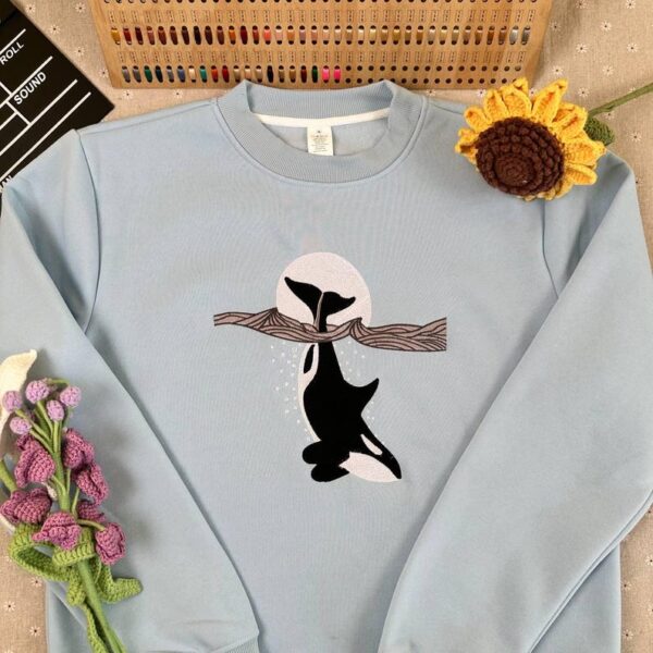 Orca Moon Embroidered Sweatshirt – Killer Whale Hoodie, Ocean Wildlife Embroidery, Marine-Inspired Gift
