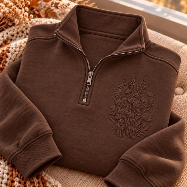 Wildflower Embroidered Quarter Zip Sweatshirt, Tonal Botanical Pullover, Minimalist Floral Top