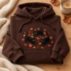 Black Cat Embroidered Sweatshirt or Hoodie, Autumn Leaves Crewneck, Beige or Chocolate Brown, Fall Gift for Cat Lovers