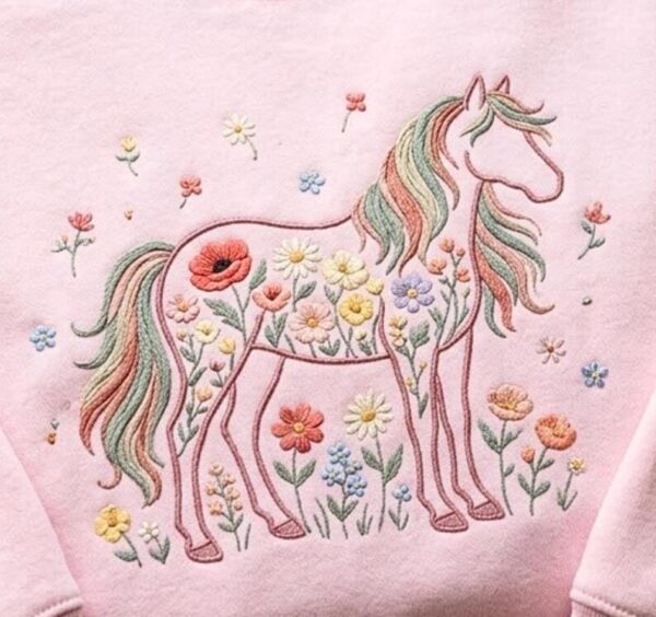 Embroidered Horse Floral Sweatshirt – Cozy Cotton Blend Pullover, Nature Lover Gift Shirt
