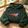 Running Horses Embroidered Sweatshirt, Equestrian Hoodie, Horse Quarter Zip Pullover, Horse Lover Gift