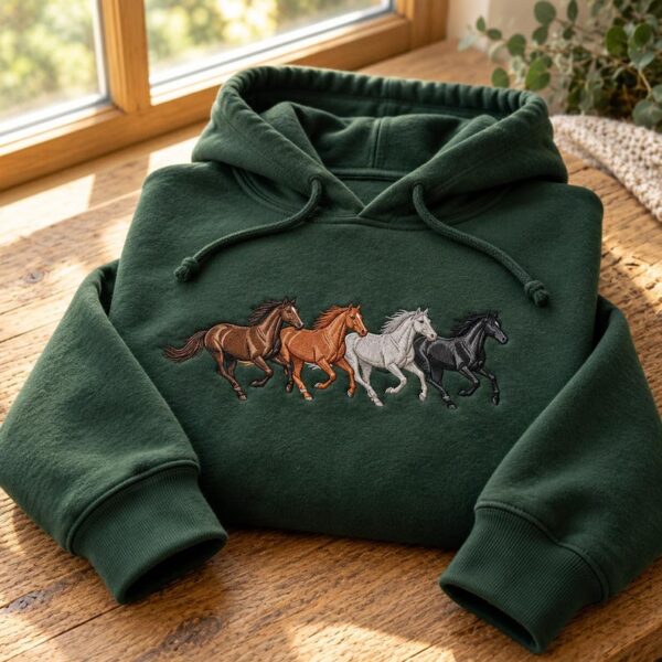 Running Horses Embroidered Sweatshirt, Equestrian Hoodie, Horse Quarter Zip Pullover, Horse Lover Gift
