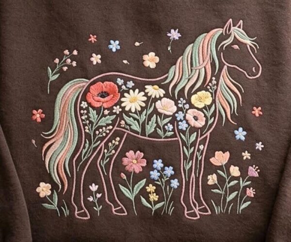 Embroidered Floral Horse Lovers Sweatshirt Relaxed Fit Equestrian Top Design Botanical Tee Heavyweight Fabric Casual Wear Summer Clothing