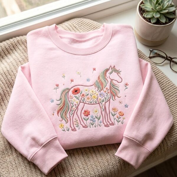 Embroidered Horse Floral Sweatshirt – Cozy Cotton Blend Pullover, Nature Lover Gift Shirt