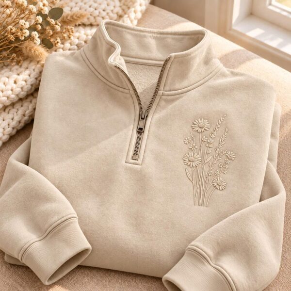 Tonal Wildflower Embroidered Sweatshirt, Floral Hoodie or Quarter Zip, Botanical Pullover, Nature Lover Gift