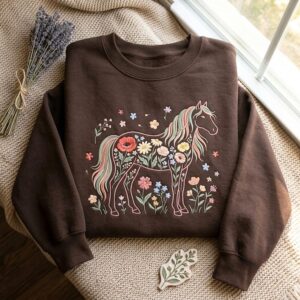 Embroidered Floral Horse Lovers Sweatshirt Relaxed Fit Equestrian Top Design Botanical Tee Heavyweight Fabric Casual Wear Summer Clothing