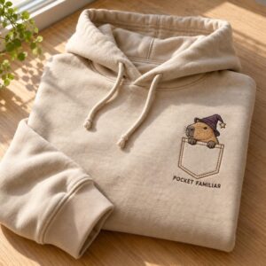 cozy-93a1f95b-a02a-4b2f-8dd8-d6b74e575792 Wizard Capybara Embroidered Hoodie, Pocket Familiar Sweatshirt, Fantasy Quarter Zip, Capybara Lover Gift