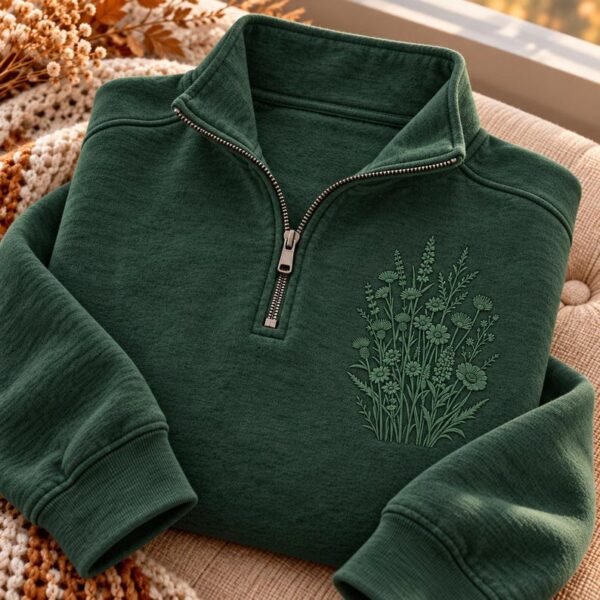 Wildflower Embroidered Quarter Zip Sweatshirt, Tonal Botanical Pullover, Minimalist Floral Top