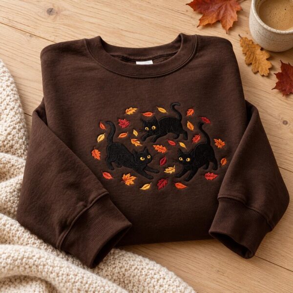 Black Cat Embroidered Sweatshirt or Hoodie, Autumn Leaves Crewneck, Beige or Chocolate Brown, Fall Gift for Cat Lovers