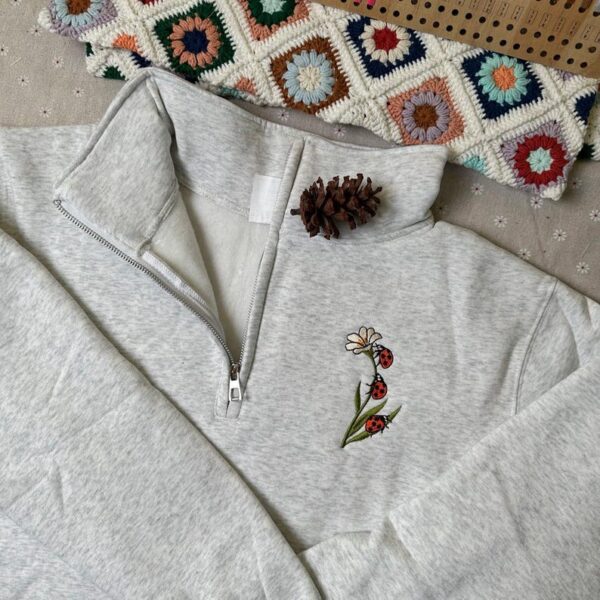 Embroidered QuarterZip Hoodie Sweatshirt Ladybug & Daisy Quarter-Zip Sweatshirt - Floral Insect Gift for Women