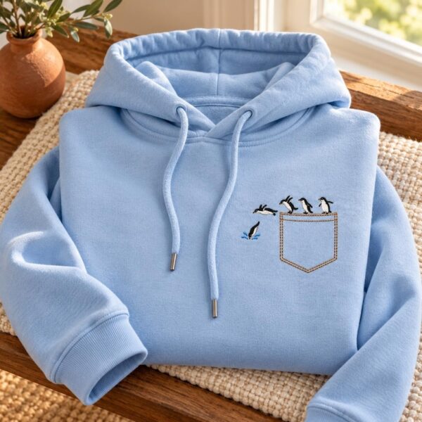 Penguin Embroidered Sweatshirt, Diving Penguins Hoodie, Cute Faux Pocket Quarter Zip, Penguin Lover Gift