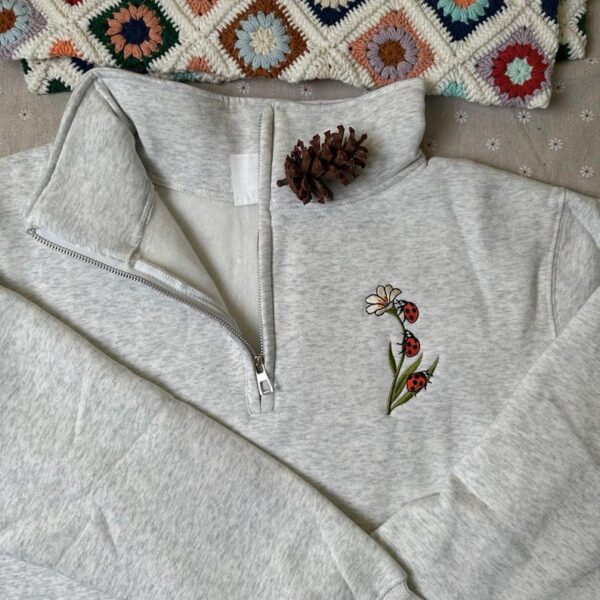 Embroidered QuarterZip Hoodie Sweatshirt Ladybug & Daisy Quarter-Zip Sweatshirt - Floral Insect Gift for Women