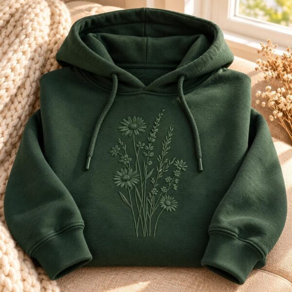 Tonal Wildflower Embroidered Sweatshirt, Floral Hoodie or Quarter Zip, Botanical Pullover, Nature Lover Gift