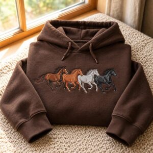 Running Horses Embroidered Sweatshirt, Equestrian Hoodie, Horse Quarter Zip Pullover, Horse Lover Gift
