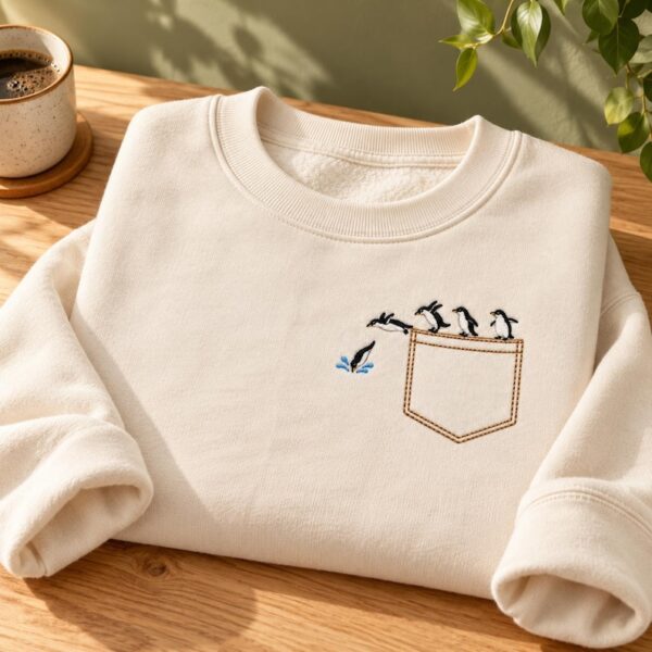 Penguin Embroidered Sweatshirt, Diving Penguins Hoodie, Cute Faux Pocket Quarter Zip, Penguin Lover Gift
