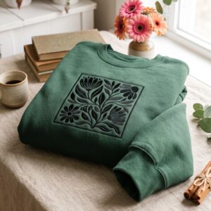 Embroidered Flower Sweatshirt, Modern Abstract Floral Shirt, Retro Vintage Design, Distressed Flowers