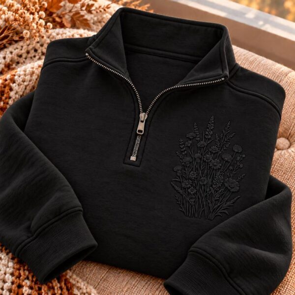 Wildflower Embroidered Quarter Zip Sweatshirt, Tonal Botanical Pullover, Minimalist Floral Top