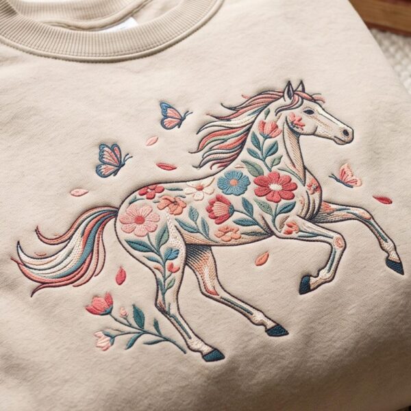 Embroidered Floral Horse Sweatshirt: Wildflower Horse Lover Gift