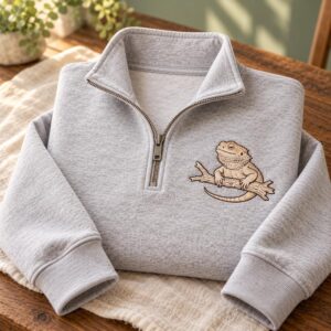 Bearded Dragon Embroidered Sweatshirt, Reptile Hoodie, Lizard Quarter Zip, Beardie on Branch, Gift for Reptile Lovers