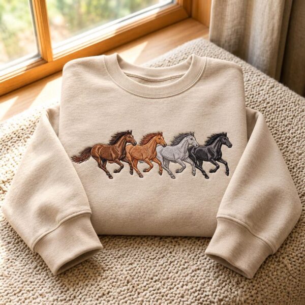 Running Horses Embroidered Sweatshirt, Equestrian Hoodie, Horse Quarter Zip Pullover, Horse Lover Gift