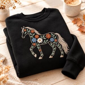 Embroidered Floral Horse Sweatshirt, Horse Lover Crewneck, Botanical Horse Sweater, Cottagecore Western Pullover, Equestrian Gift